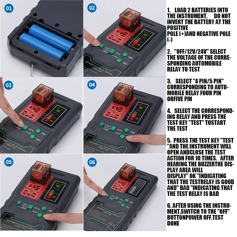 Automotive Relay Tester for 12V/24V 4 and 5 pin Battery Tester relays Analyzer Motorcycle Charging System Diagnostic Tool