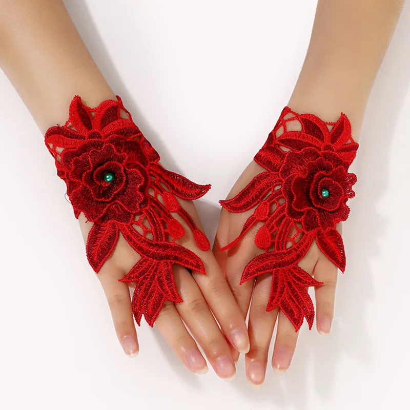 Summer Sexy Lace Rose Flower Gloves Women Half Finger Sunscreen Short Gloves Female Driving Cycling Fingerless Mitten Guantes