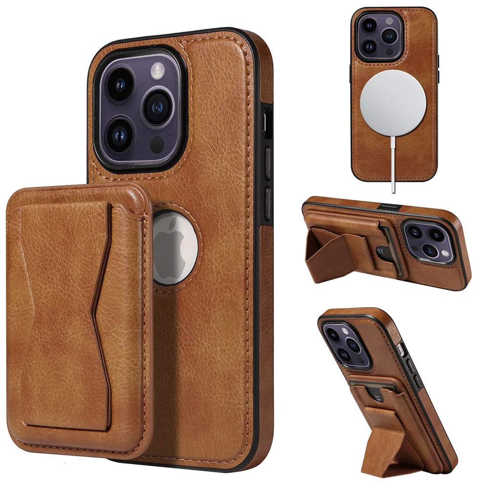 

The New Model Is Suitable for iPhone 15Promax Wireless Magnetic Suction Stand Phone Case 14Pro 13 Card Holder 12 11leather Cover