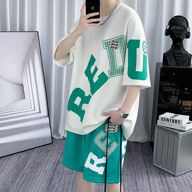 Men's casual Shorts Set alphabet print T-shirt two piece set summer high street hip hop casual wear 2