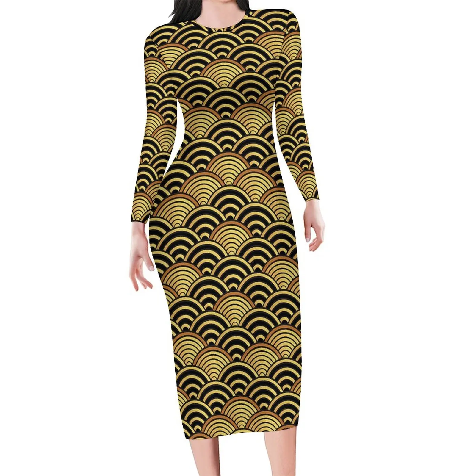 

Japanese Wave Bodycon Dress Women Gold Seigaiha Retro Dresses Autumn Long Sleeve Street Fashion Printed Dress 3XL 4XL 5XL