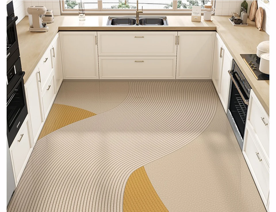 Kitchen Floor Mat Large Area Waterproof Carpet Pvc Leather Oil-proof Non-slip Foot Mats Line Minimalist Home Decoration Rug