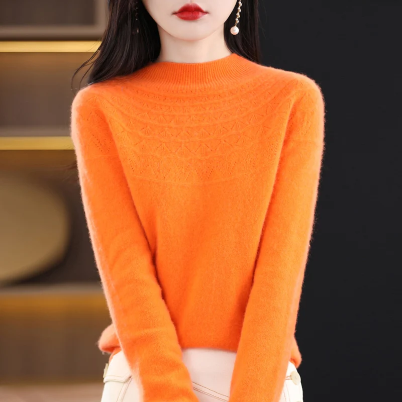 Women's Autumn And Winter First-line Half Height Knitted Sweater 100% Wool Sexy Hollow Out Versatile Top Fashion Pullover NJR 2