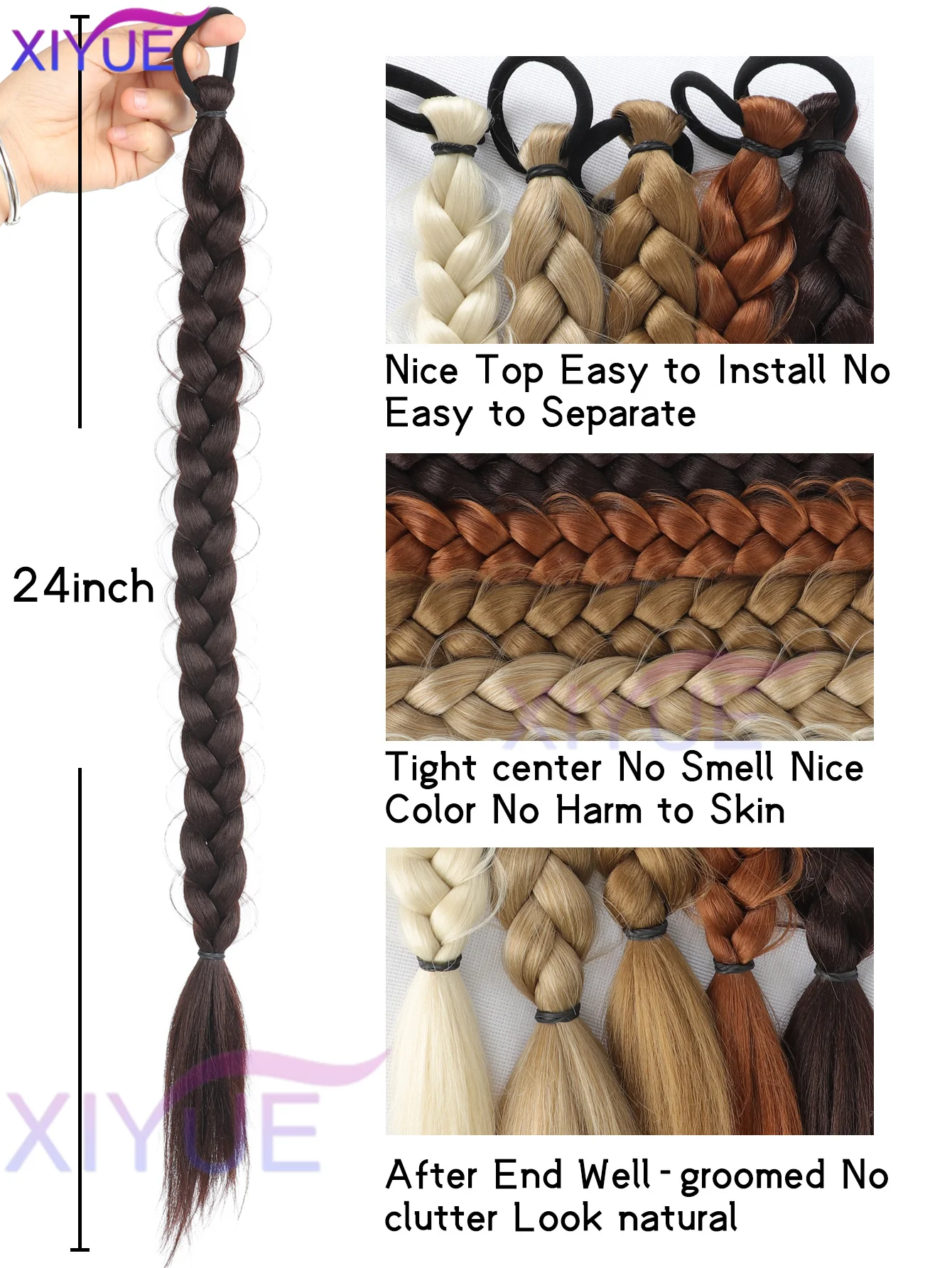 XIYUE Synthetic Long Twist Braid Ponytail Extensions With Rubber Band 24 Inch Boxing Braided Hair Extensions For Women Daily Use