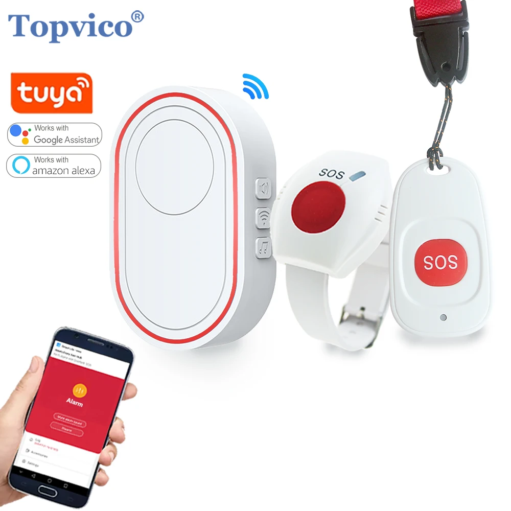 Topvico Tuya Emergency Panic Button WIFI for Elderly Alarm SOS Bracelet Wireless Caregiver Pager Watch Call Senior Fall Alert zigbee wifi elderly panic button tuya sauce push notification wireless emergency alarm for disable person agée smartlife app