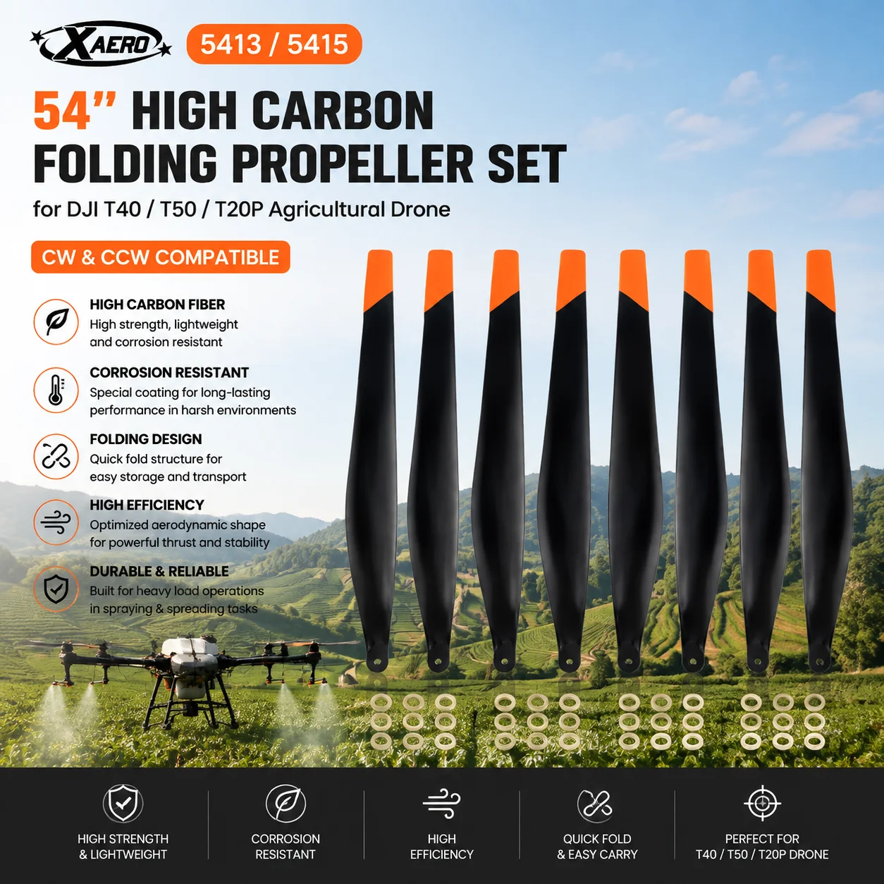 XAERO 5413 5415 54 Zoll Hochkarbon-Klapppropeller-Set für DJI T40 T50 T20P, korrosionsbeständige Sprühblätter CW CCW