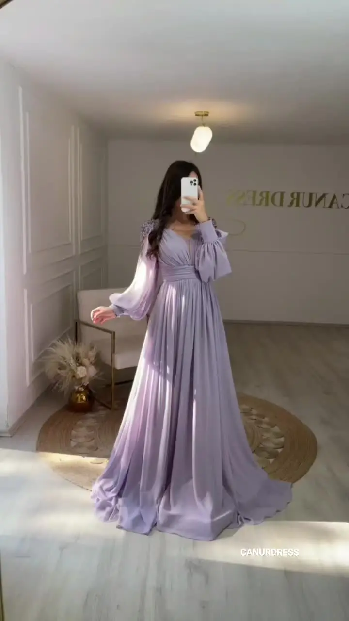 Lavender Chiffon A Line Long Sleeve Arabic Evening Dress for Wedding Side  Slit Prom Gowns Formal Celebrity Gown Customized - AliExpress 320