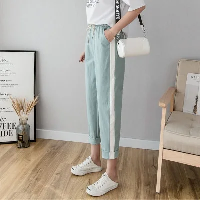 Women Casual Harajuku Long Ankle Length Trousers 2022 Summer Autumn Large Solid Elastic Waist Cotton Linen Pants Black Pants LS-01Mint Green