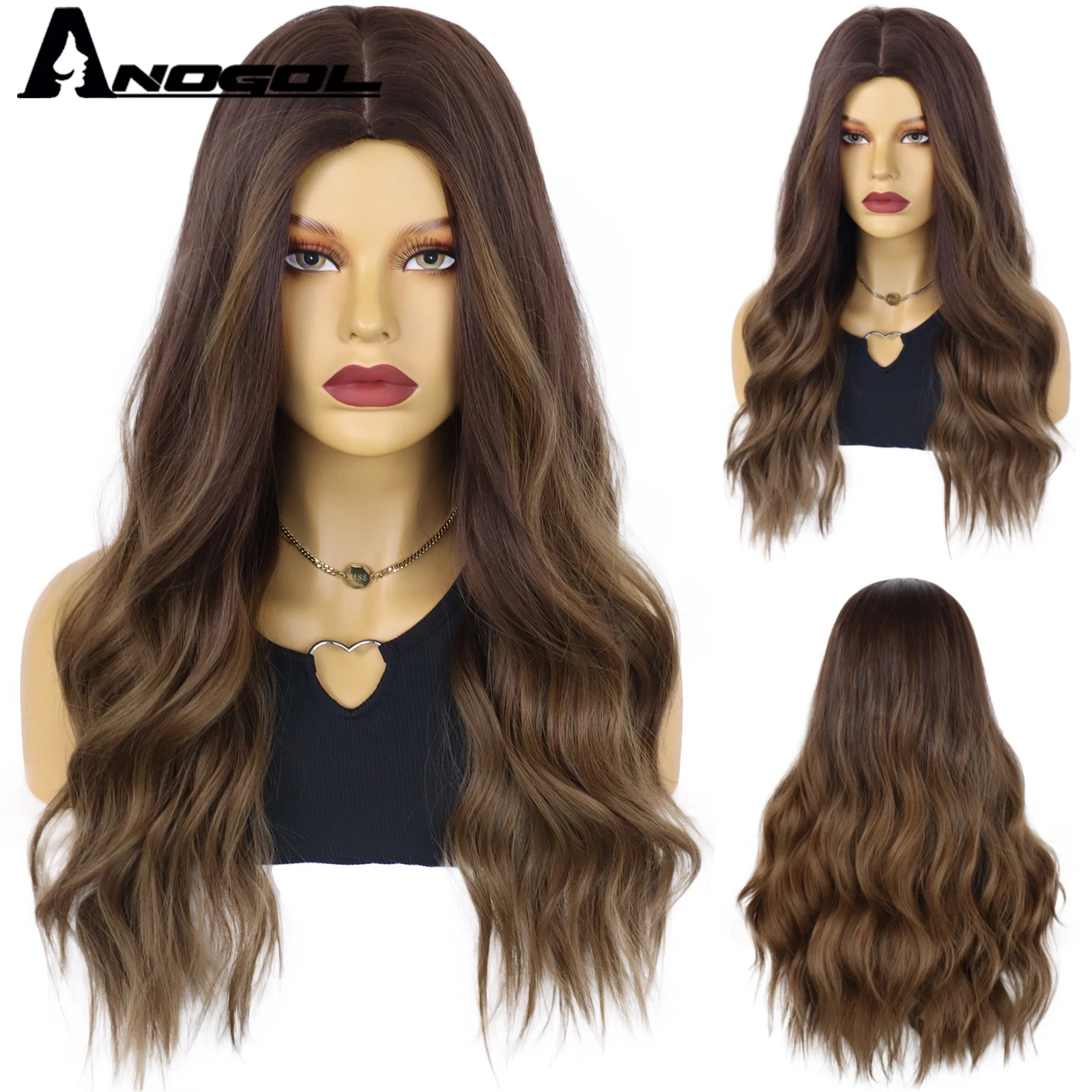 ANOGOL Synthetic Red Brown Copper Ginger Long Natural Wave Wig with Bangs Ombre Gray Heat Resistant Fiber Cosplay Wig for Women