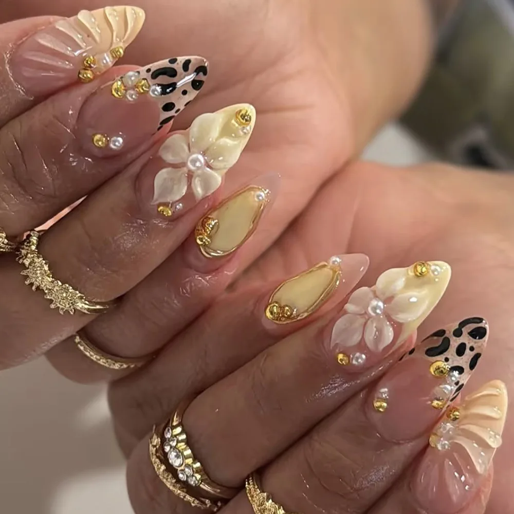 24PCS Pink Almond Press-On Nails with 3D Floral Design and Golden Pearl Accent
