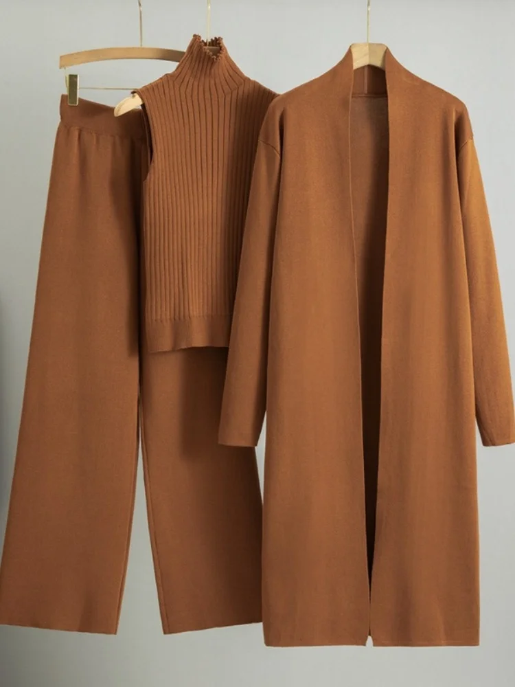 Wmstar 3 Piece Sets Wholesale Loose Knitted Suit for Women in Fall and Winter Long Shawl Cardigan High Neck Vest Wide Leg Pants