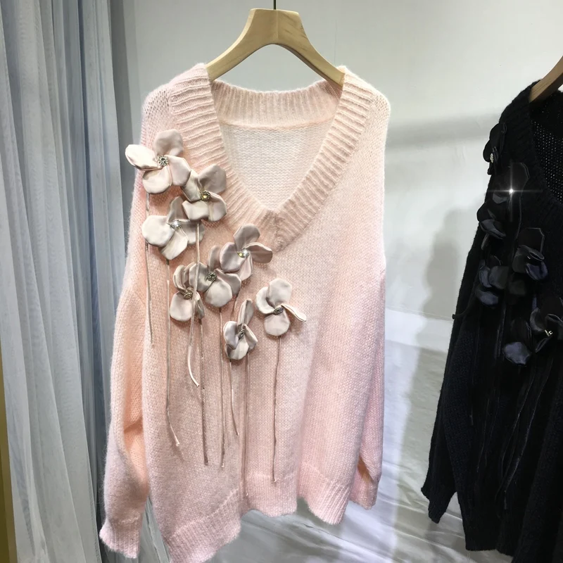 

Beaded Flower Knitted Women Sweater Pullovers Autumn Loose V-Neck Lightweight Elegant Female Pulls Outwear Tops