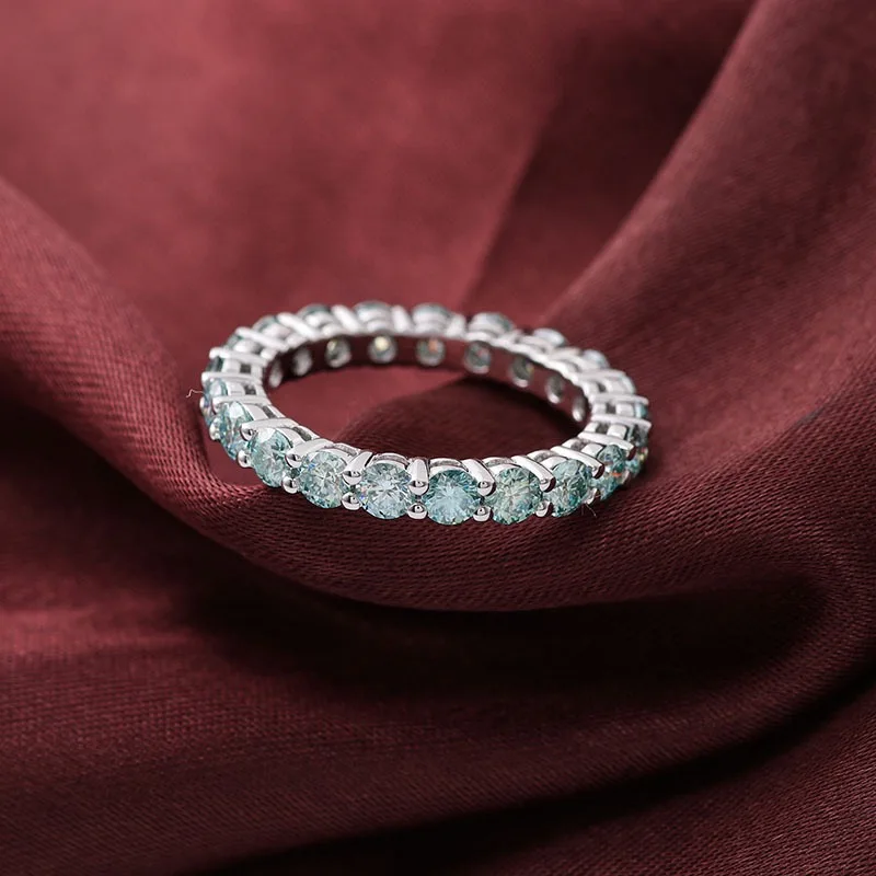 Real 14K Gold Blue Green Moissanite Eternity Ring Women Ins Jewelry Round Vvs 3Mm Moissanite Diamond Wedding Band Pass Tester