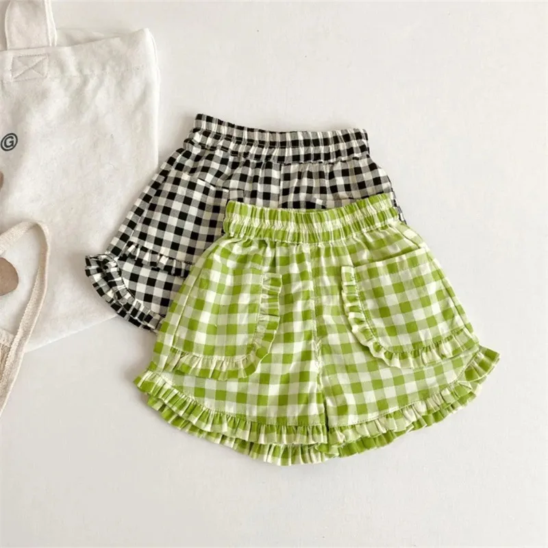 

2024 Summer Korean Kids Girls Shorts Plaid Pocket Lace Muslin Elastic Waist Baby Girls Shorts Versatile Children Girls Shorts