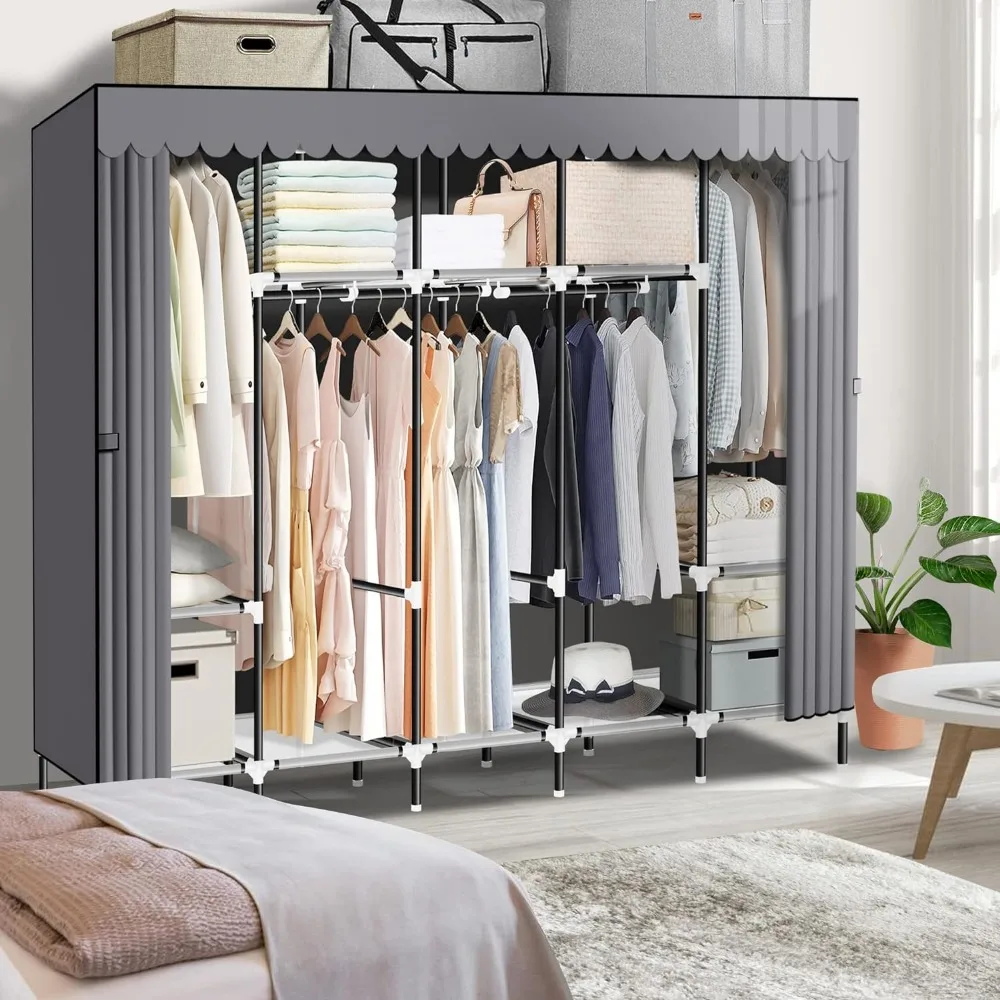 

Portable wardrobe with 5 hanging areas and 10 storage racks for hanging clothes, made of ultra sturdy steel pipes, cabinet