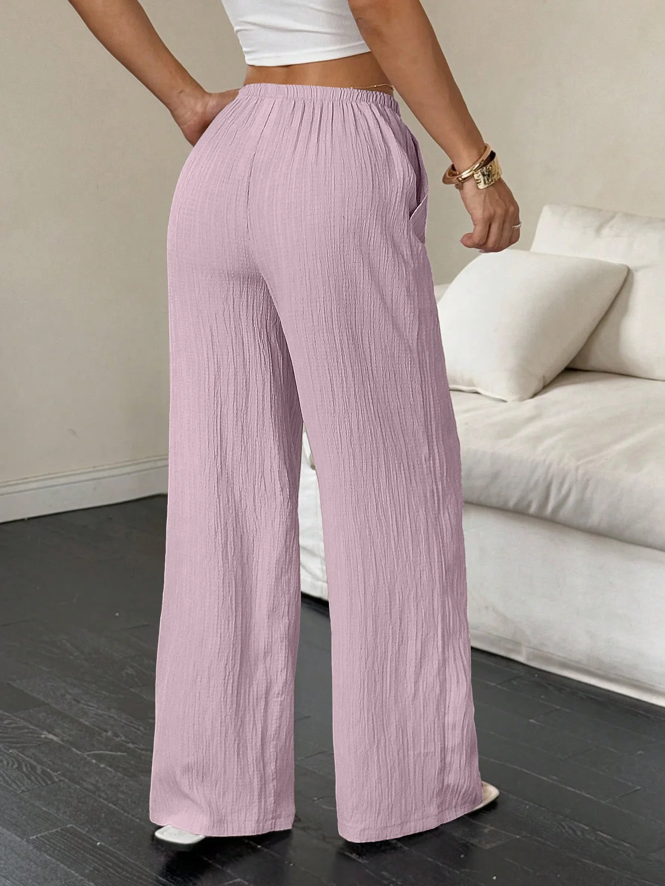 Women's Wide-Leg Cotton-Linen Blend Casual Floor-Length Pants Relaxed-Fit Drawstring Trousers for Home & Strolls