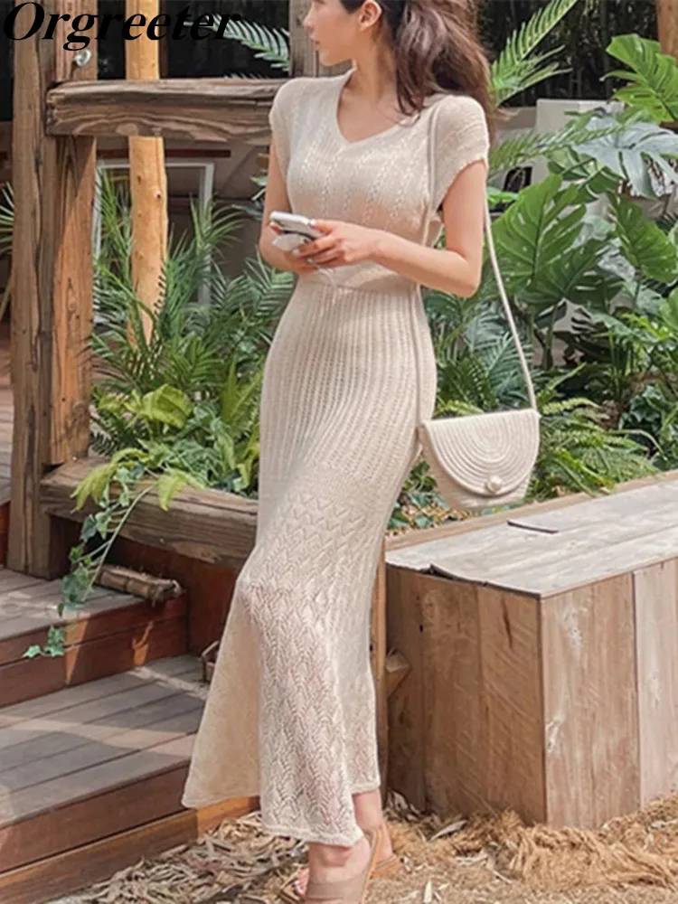 Casual Hollow Out Knitted Summer Dress Elegant Lady Fashion Short Sleeve Pullover Dress +sling