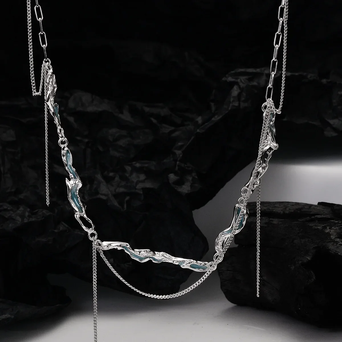 Youth Of Vigor Mint Blue Smalto Irregolare Solid 925 Silver Alien Section Multi Nappa Catene Statement Collana Muslimah