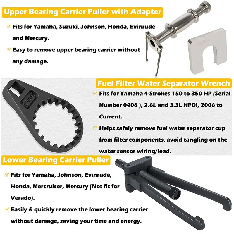 Upper & Lower Bearing Carrier Puller with Fuel Water Separator Wrench for Yamaha Johnson Evinrude Mercury Honda