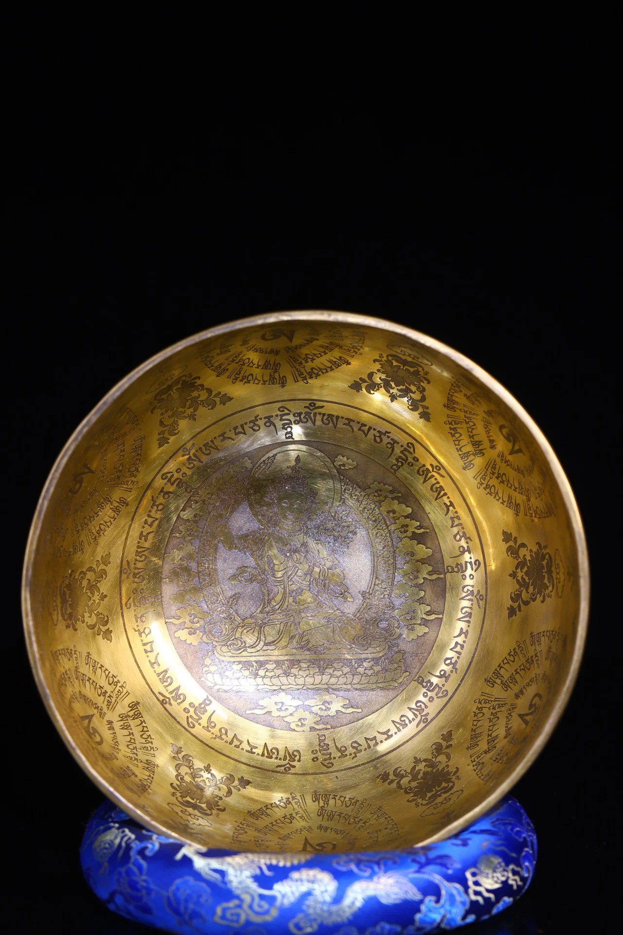 

8"Tibetan Temple Collection Old Bronze Painted Sanskrit Manjushri Buddha Sound bowl prayer Bowl Dharma Town house Exorcism