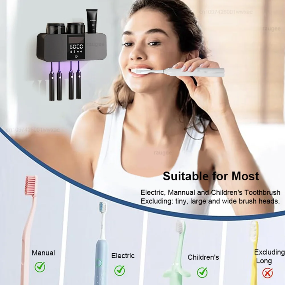 Esterilizador UV com visor LED, suporte de escova de dentes elétrico recarregável para parede, sem fio, para higiene bucal._voghion.com