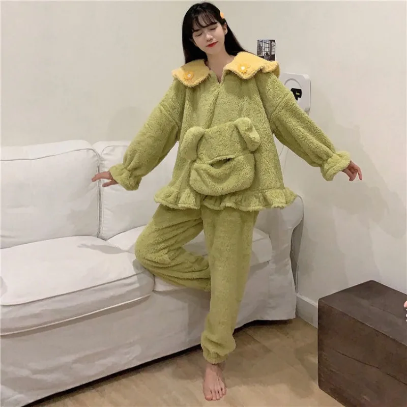 2023 Korean Edition Autumn and Winter Loungewear Thickened Cute Pajama Set for Girls Doll Neck Large Pocket Loose Plush Homewear