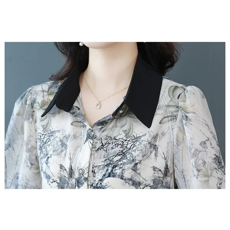 Women's Clothing Printing Plant&Flowers Tie Dye Spring Autumn Button Long Sleeve Cardigan Chiffon Shirt Turn-down Collar Tops