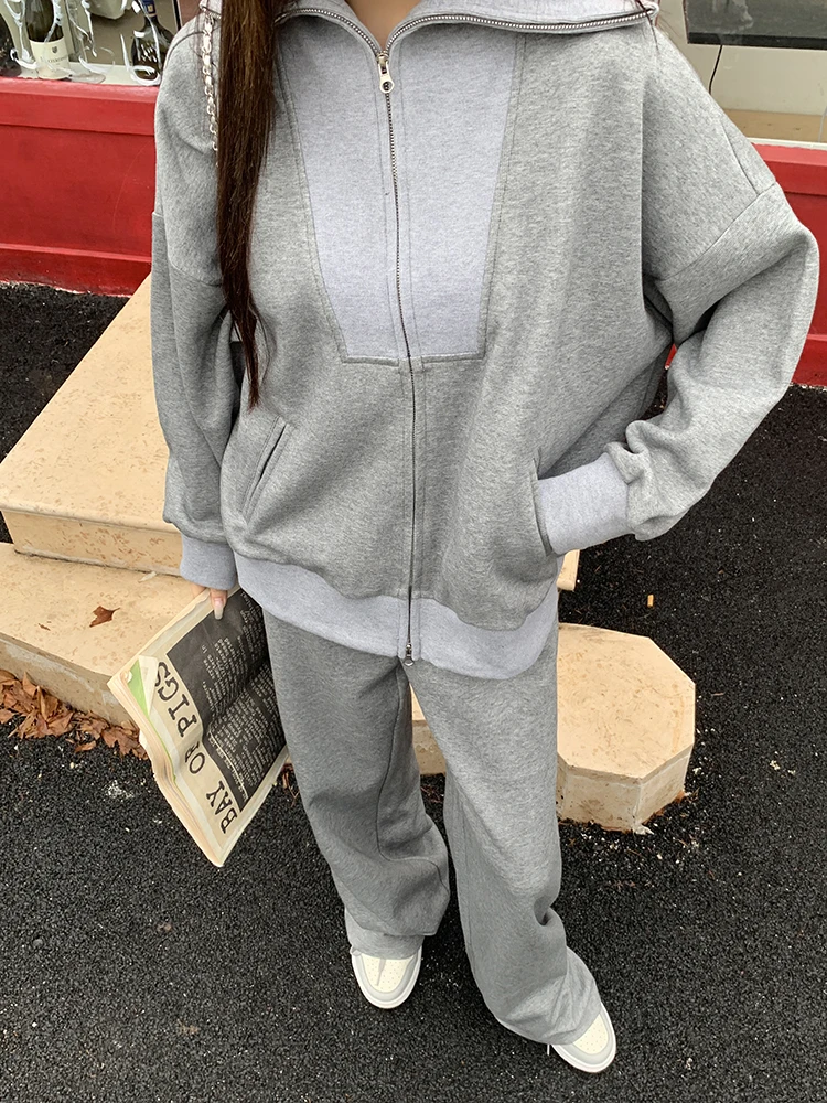 Y2K Casual Two-piece Set Solid Tracksuit Stand Collar Long Sleeve Zip-up Sweatshirt Long Pants Korean Fashion Autumn New Outfits