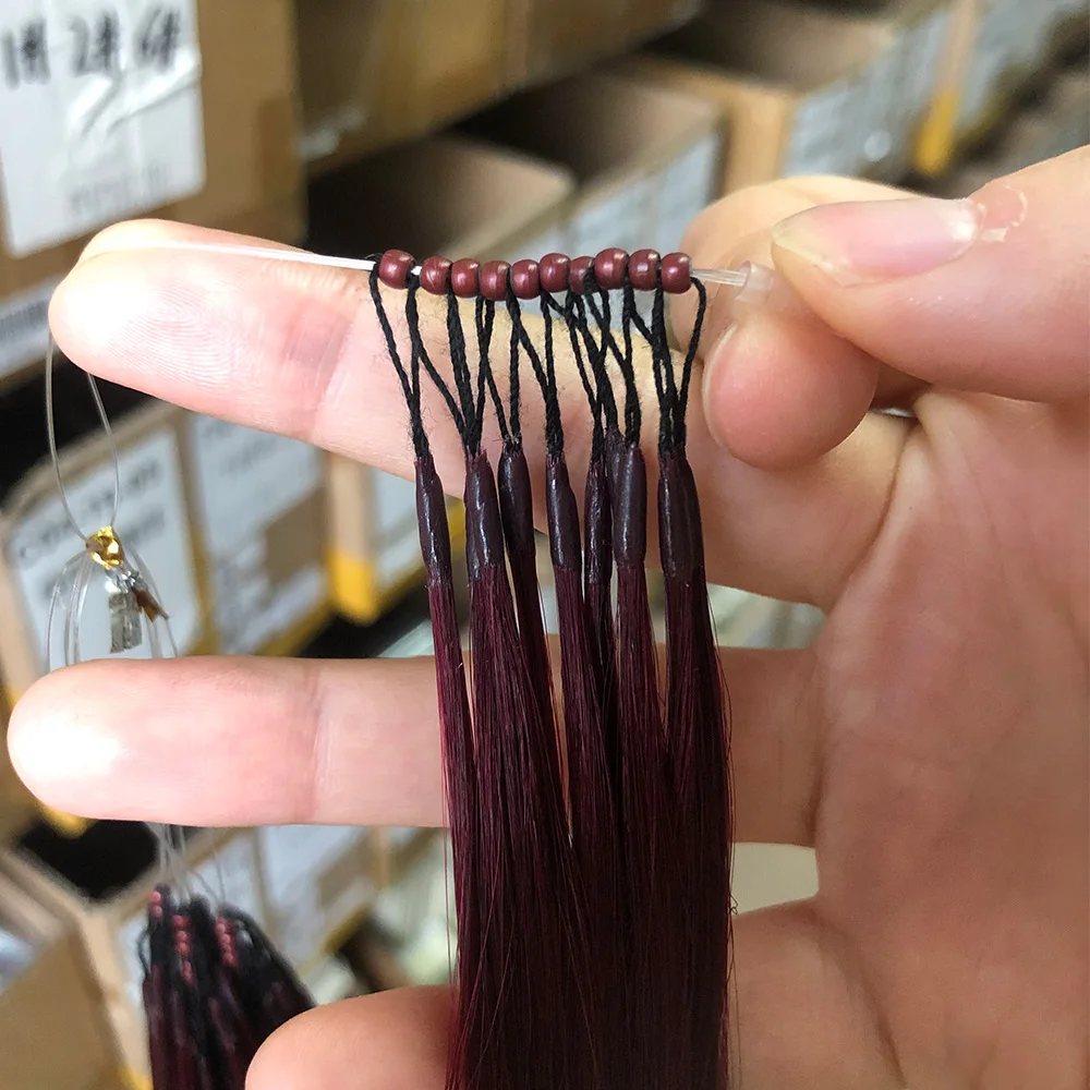 8D Micro Bead Human Hair Extensions Human Hair Natural Burgundy Invisible Silicone Nano Ring Extensions