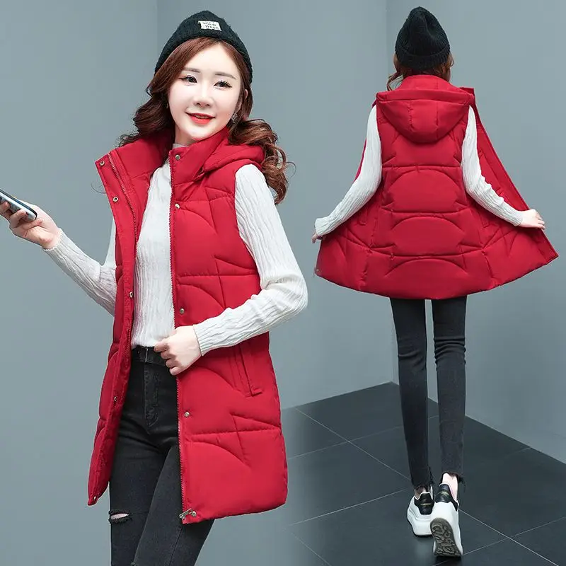 

2024 Winter new Women Cotton Vest Mid-Length detachable Hooded Warm Waistcoat Casual slim Sleeveless Jacket female Parkas R123