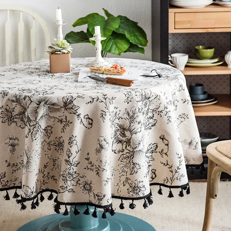 

French rural Style Premium Cotton and Hemp Tassel Tablecloth for Dining Table and American Small Round Table and Coffee Table, L