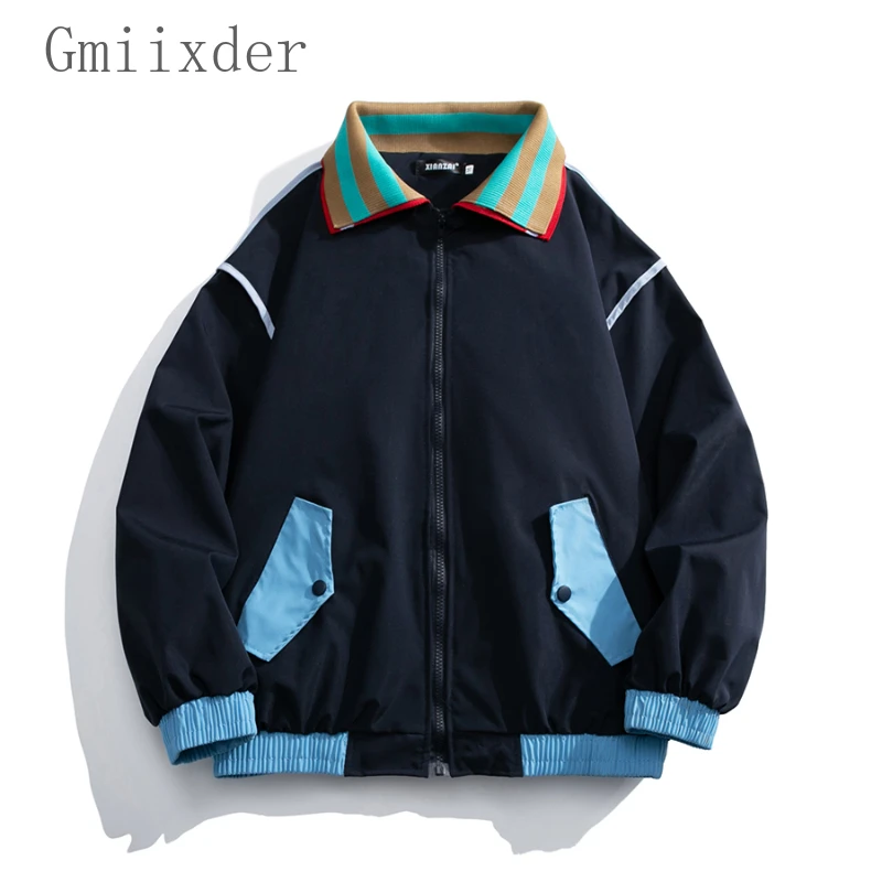 Autumn Color Block Lapel Jackets Japanese Retro High Street Loose Casual High Street Jacket Men Tops Overcoat Male Clothes