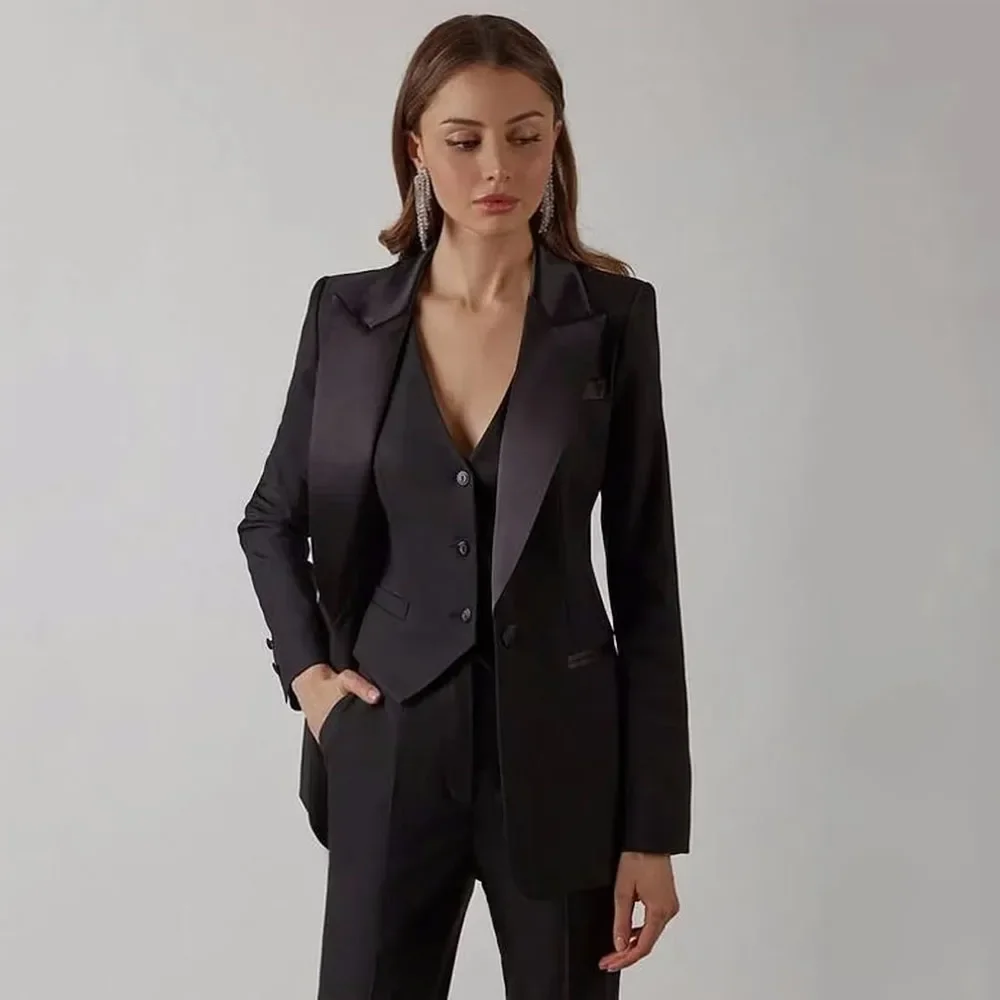 Black Satin Peak Lapel Women Suits 3 Piece Classic One Button Solid Slim Casual Wear Elegant Business Office Lady Pants Sets