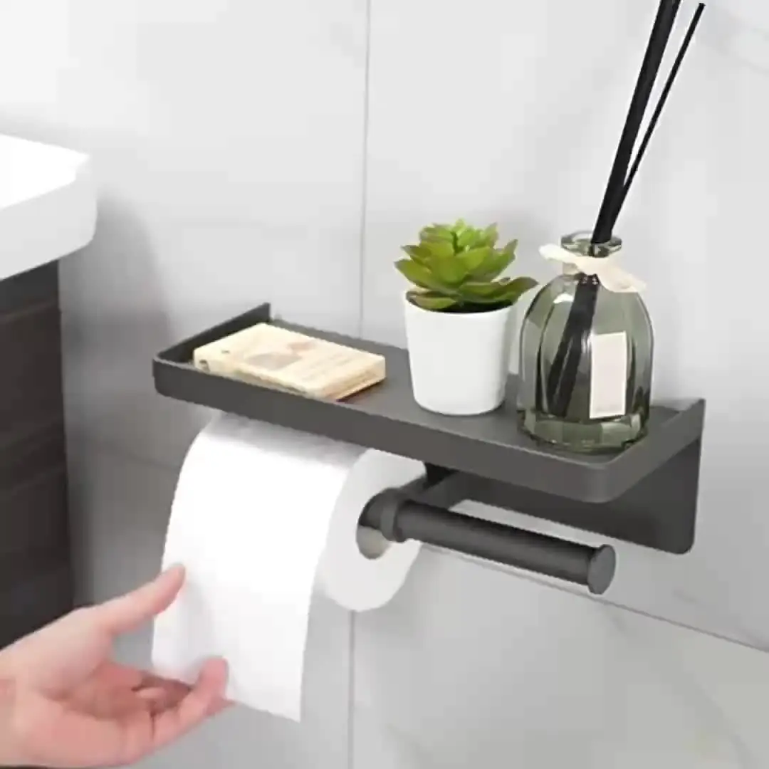 Porte Papier Toilette Murale 4 En 1 - Avec Range Lingettes - Sans Percage - Noir - AZOMKER