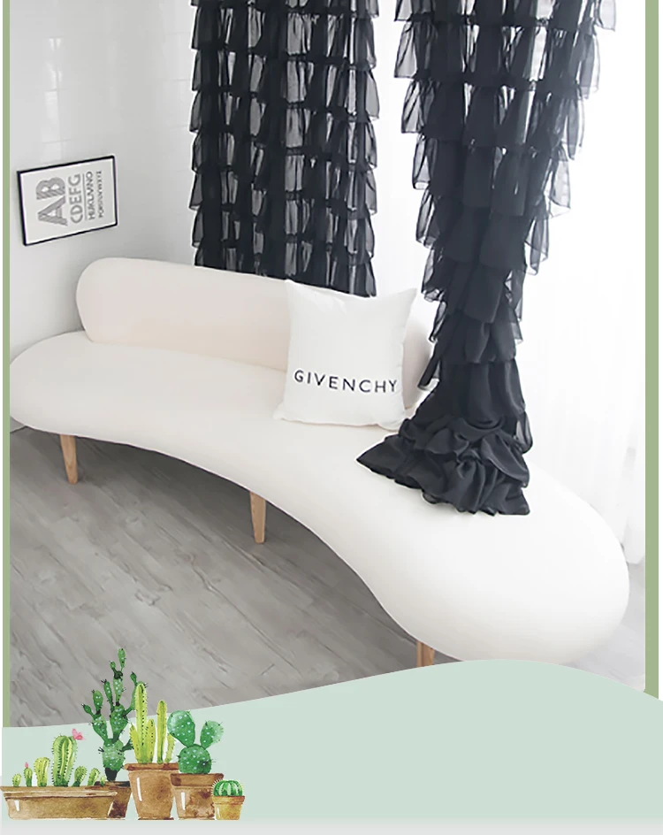 Modern Fashion Cupcake Layer Curtains Korean Black White Lace Sheer Curtain for Living Room Girls Room Romantic Ruffles Cortinas