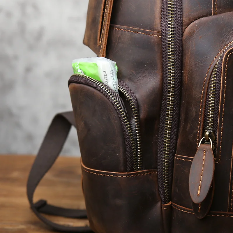 NZPJ Retro Genuine Leather Men's Backpack Top Layer Cowhide Backpack  Fashion Men's Bag Crazy Horse Skin Travel Computer Bag