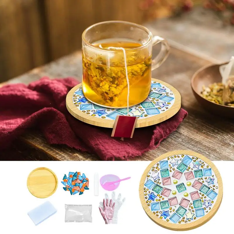 

DIY Glass Mosaic Coasters Mixed Color Mosaic Kits With Wooden Coaster Mosaic Crafts Materials Package For Home Decor Gifts