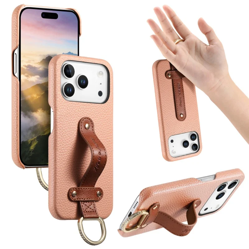 Lychee Pattern Leather Wrist Strap Phone Case with Ring Holder