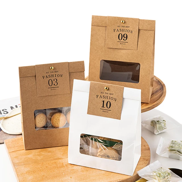 10 db Kraft Papírzacskók Átlátszó Ablakkal Esküvői Születésnapi Keresztelés Party Cukorka Sütemény Kekszcsomagoló Táska - Image 2