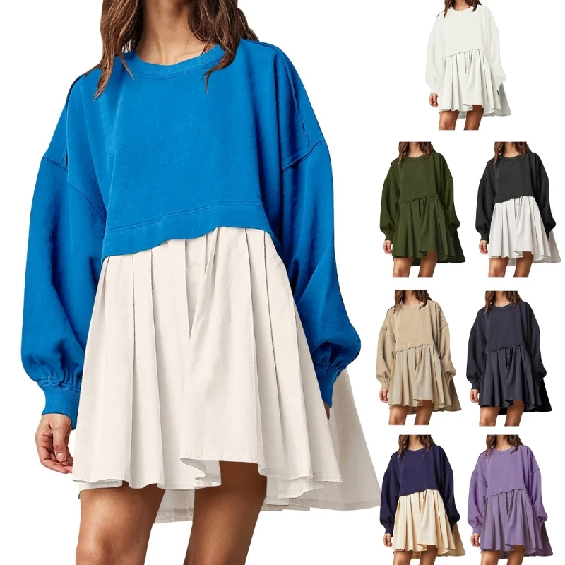 

Women's Long Sleeve Flowy Pleated Sweatshirt Dress Elegant Patchwork Crewneck Oversized Pullover Mini Dress