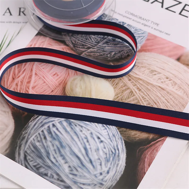 1CM 2CM French Color Blue Red White Polyester Dense Striped Color Woven Tape Ribbon 5Yards/50Yards