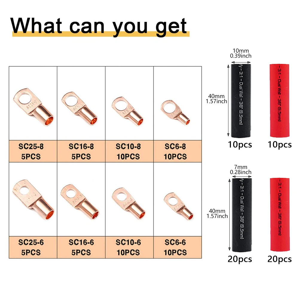 Wire connectors heat shrink terminal heat shrink connector battery connector 120Pcs copper wire lug AWG2 4 6 8 10 60Pcs battery cable ring terminal connector 60Pcs heat shrink tube combination kit