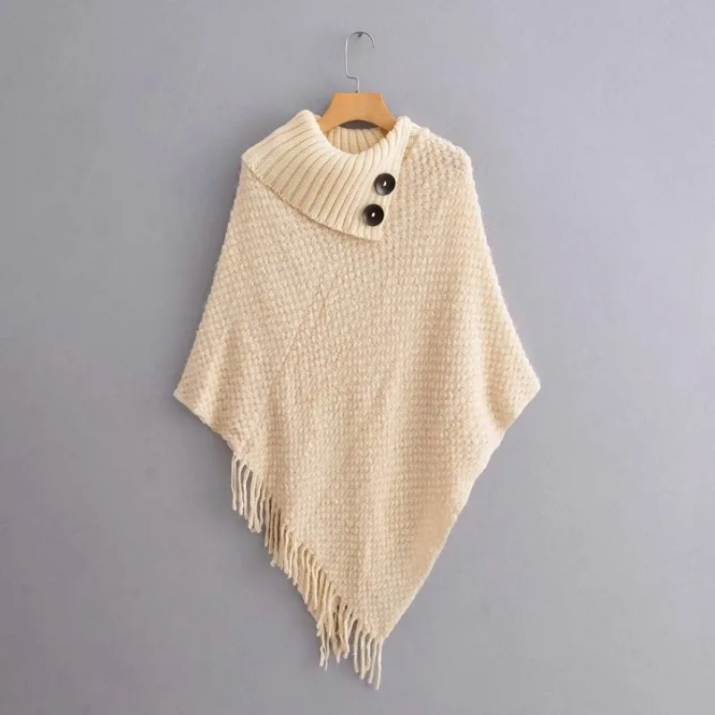

Button Turtleneck Pullovers Tassel Tops Casual Loose Sweater Korean Fashion Women Cape Long Shawl Solid Knitted Clothes 28271