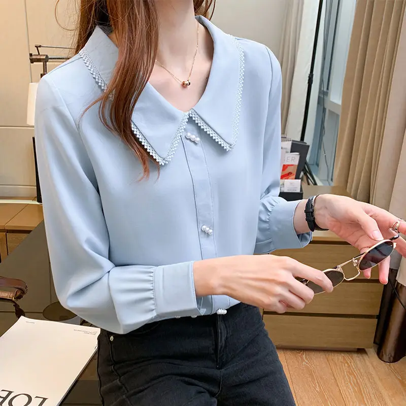 Spring Autumn New Chiffon Solid All-match Blouse Long Sleeve White Plus Size Elegant Shirt Tops Fashion Vintage Women Clothing