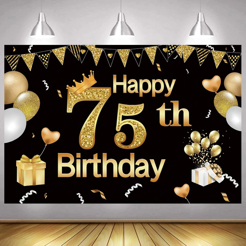 75. Geburtstag Dekoration Set – Banner, Dreiecksflaggen & Wirbel, Schwarz-gold, Für Männer & Frauen