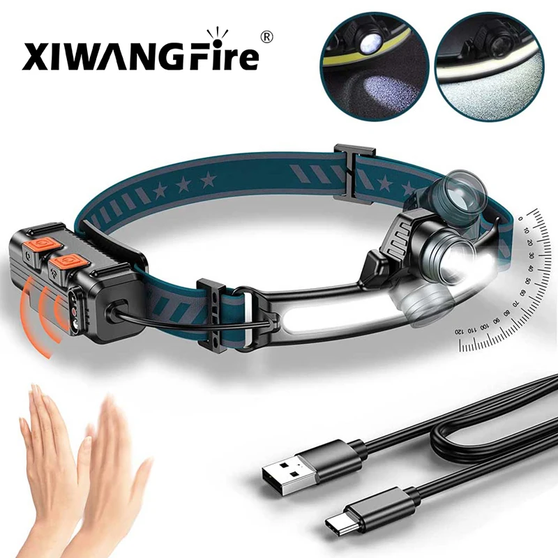 

Zoomable Induction Headlamp XPG+COB LED Head Lamp with Built-in Battery Flashlight USB Rechargeable 6 lighting Modes Head Torch