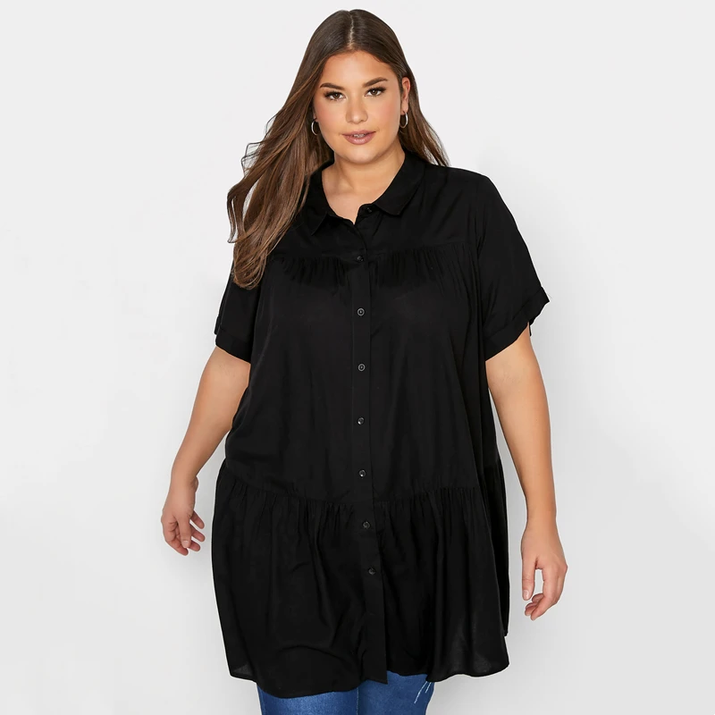 

Plus Size Summer Elegant Longline Smock Shirt Women Short Sleeve Black Casual Tiered Blouse Large Size Loose Black Shirt 6XL 7XL