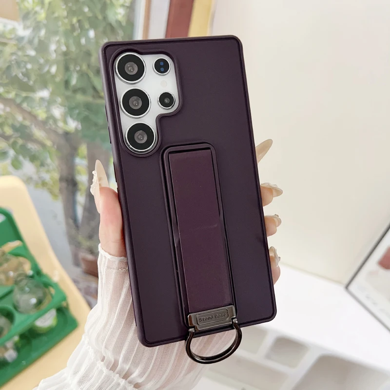 Luxury Solid Color Matte Metal Ring Phone Case with Push-Pull Bracket and Bumper Back Cover