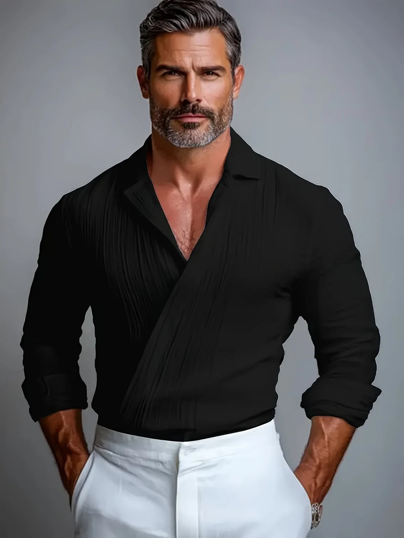 LVLAEA Pleated Textured Shirt Men Autumn Solid Color Long Sleeve Lapel Old Money Style Criss-cross Design Breathable Tated Shirt