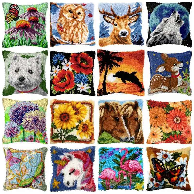 

Plant Animal Latch Hook Embroidery Pillow Set Cross Stitch Buttons For Needlework Latch Hook Rug Kits Pillowcases knooppakket